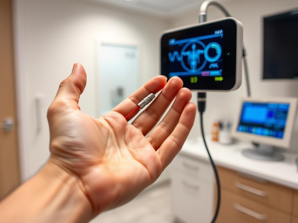 Patient holding NLS diagnostic body analyzer quantum sensor