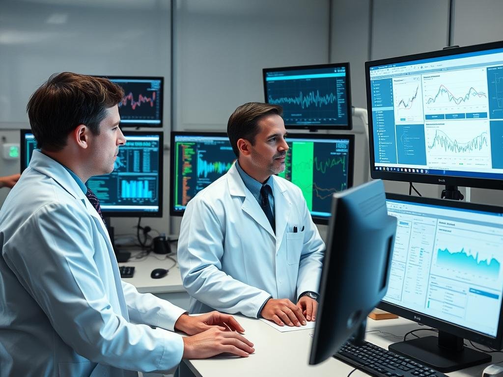 Researchers analyzing NLS diagnostic body analyzer quantum data