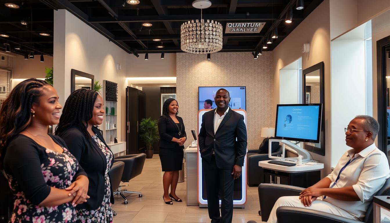 Successful Nigerian beauty salon with Quantum Health Analyzer service prominently featured