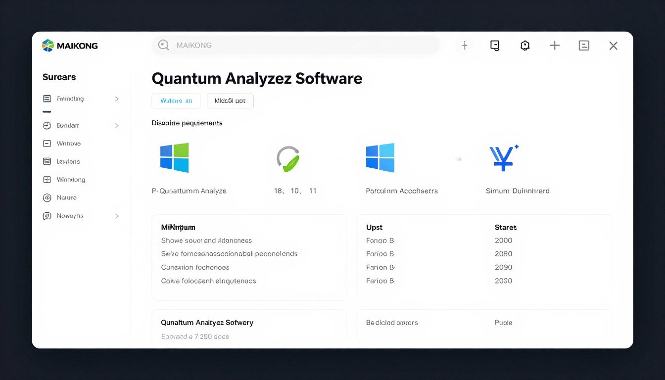 MAIKONG Quantum Analyzer Software system requirements screen showing compatible Windows versions