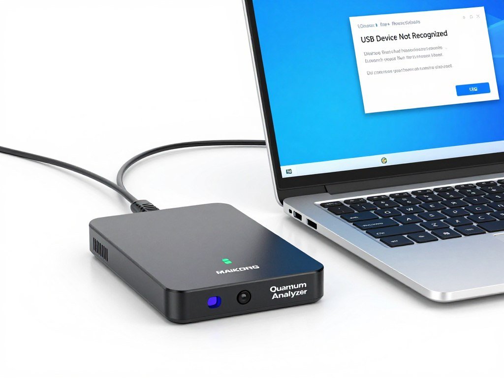 MAIKONG Quantum Analyzer device connected to laptop with error message showing device not recognized