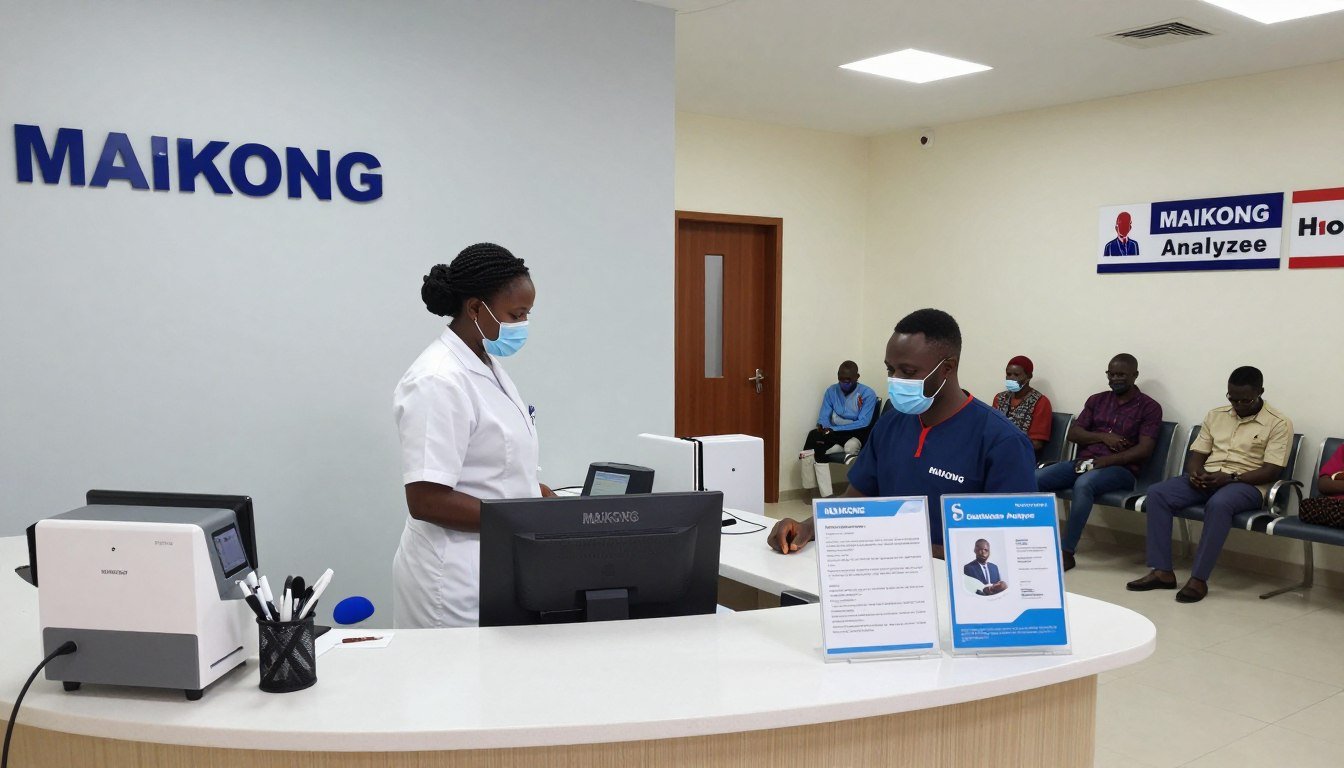 Nigerian clinic reception area with MAIKONG Quantum Analyzer promotional materials
