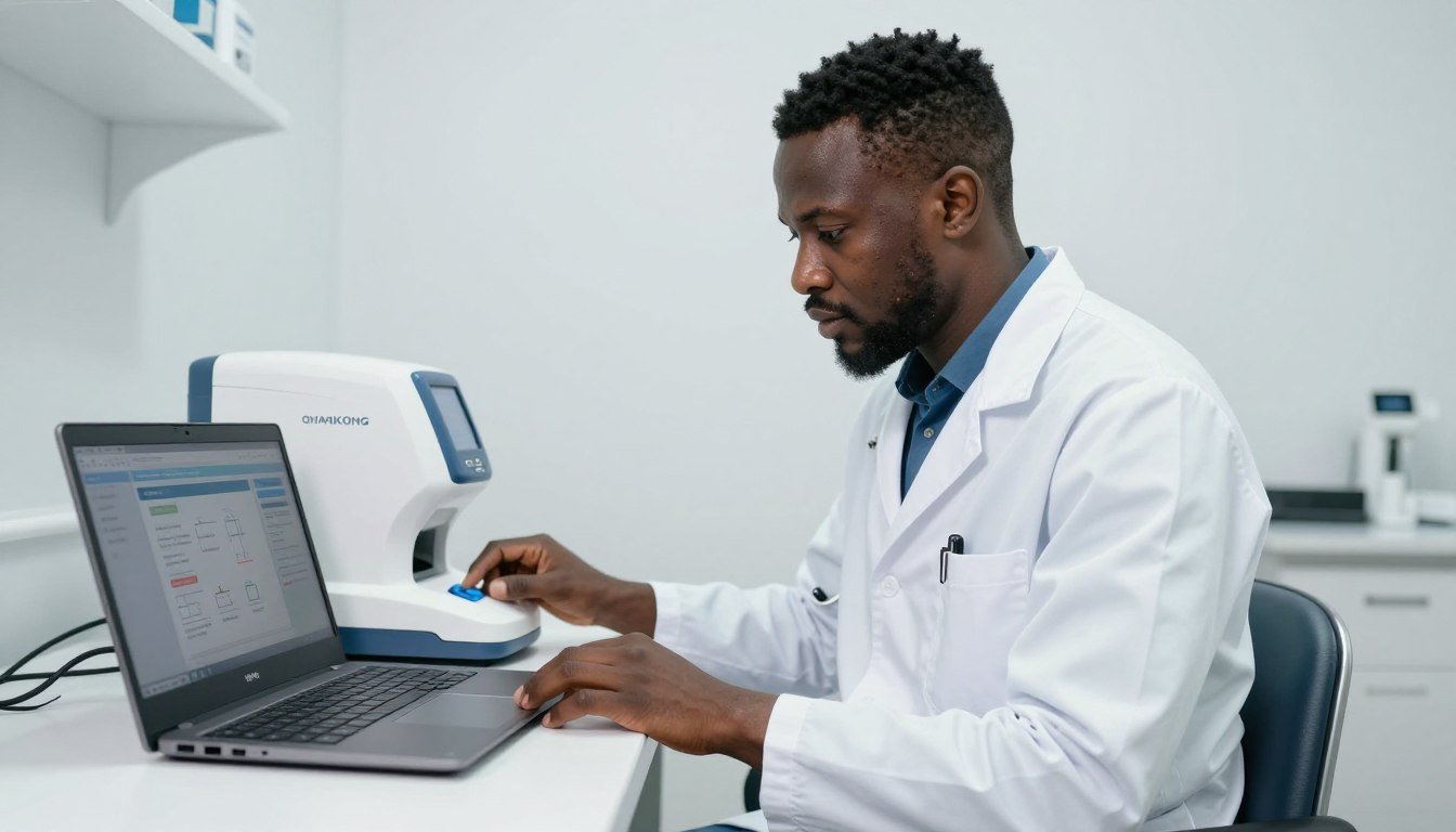 Nigerian healthcare professional using Quantum Analyzer with subscription software