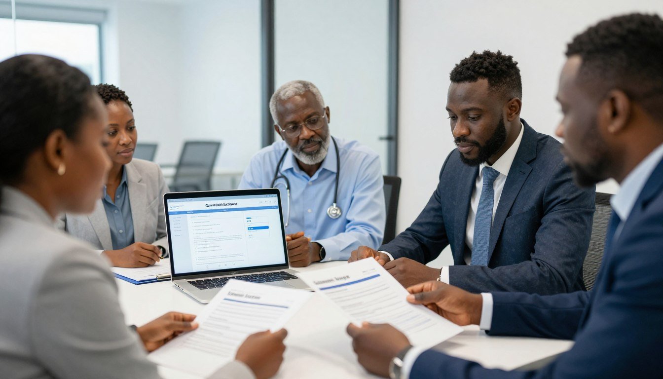 Nigerian healthcare professionals discussing Quantum Analyzer licensing options