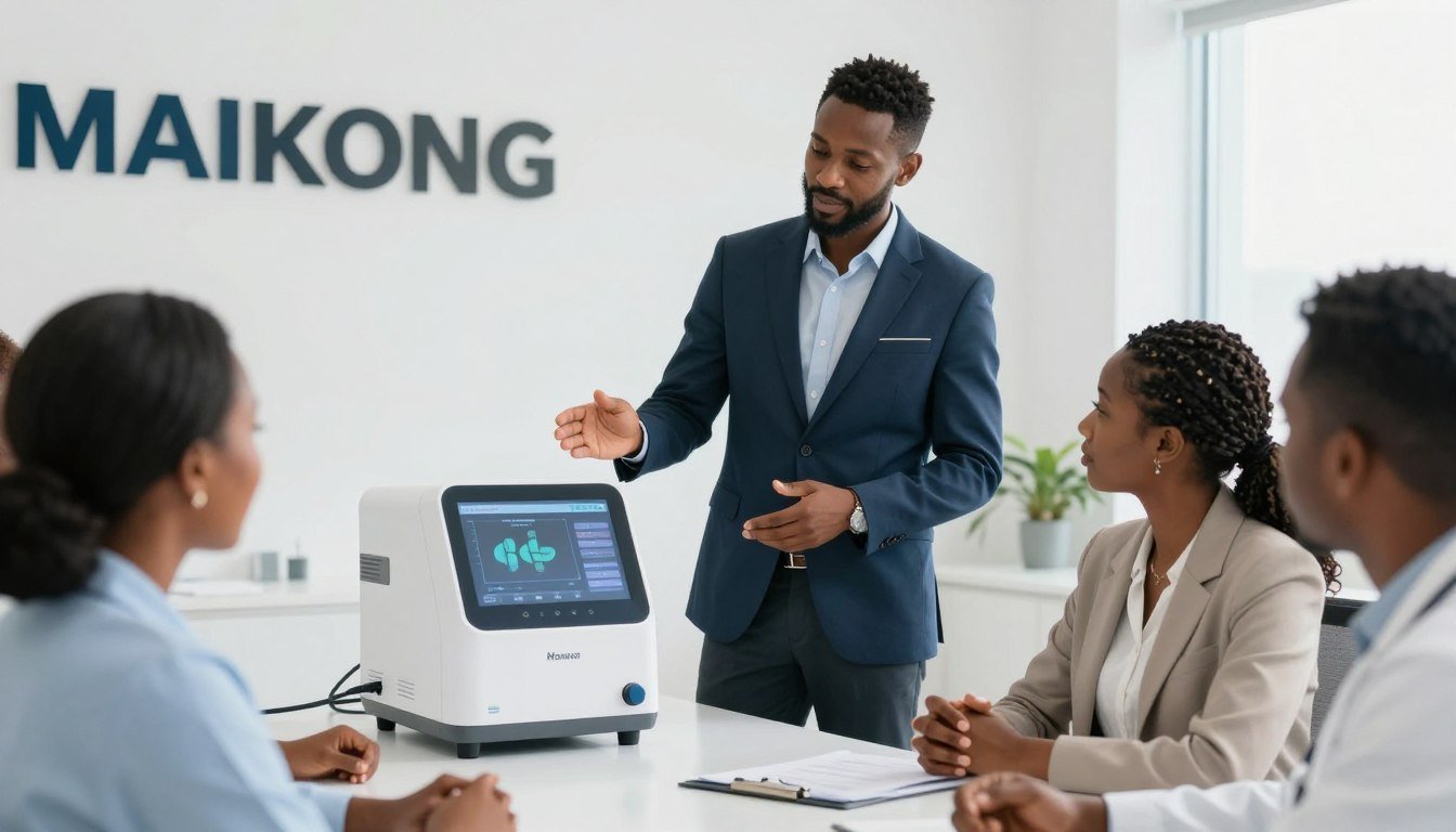 Nigerian MAIKONG distributor demonstrating Quantum Analyzer to potential clients