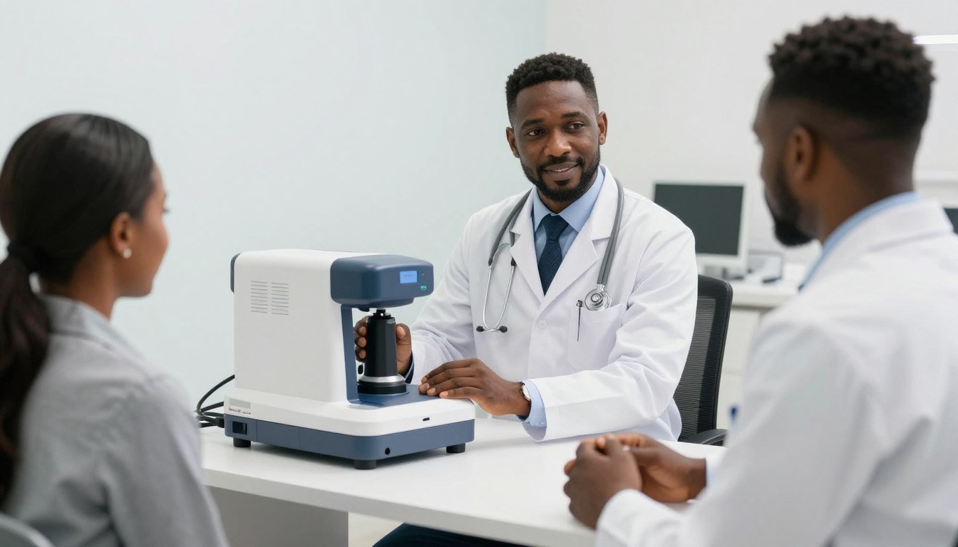 Nigerian healthcare professional demonstrating a MAIKONG Quantum Analyzer to clients