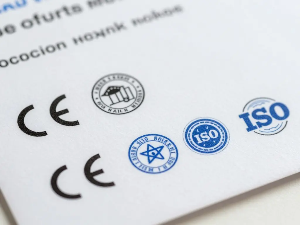Close-up of CE and ISO certification stamps on quantum health analyzer packaging Close-up of CE and ISO certification stamps on quantum health analyzer packaging