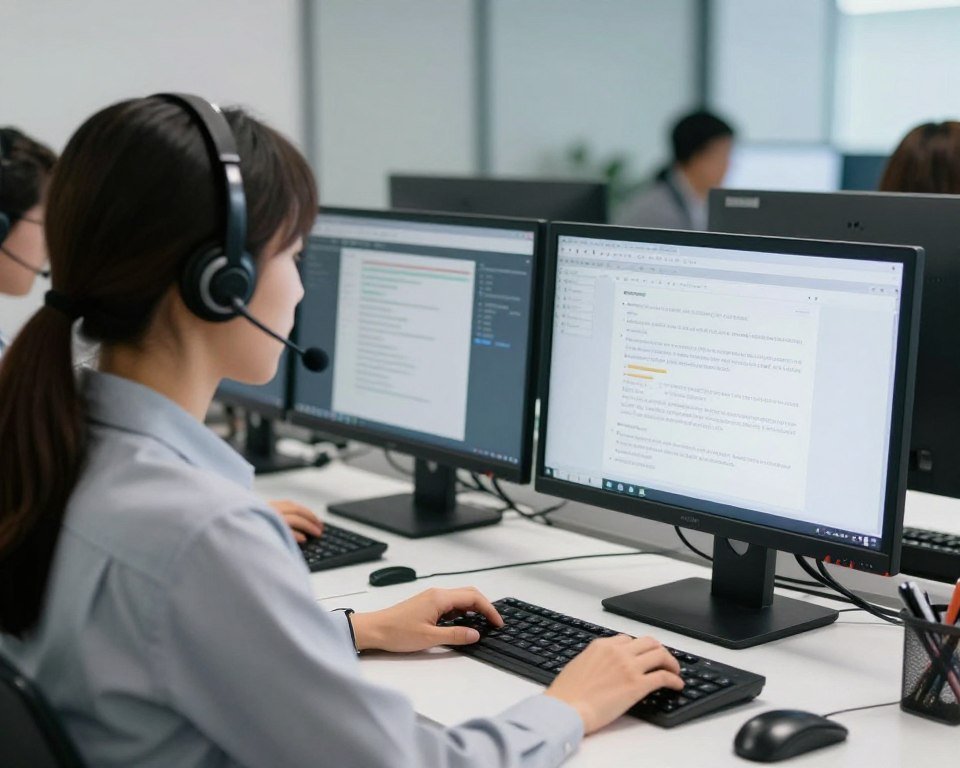 Customer service representative providing technical support for quantum health analyzer via computer Customer service representative providing technical support for quantum health analyzer via computer