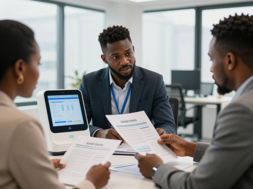 Nigerian entrepreneur reviewing quantum health analyzer business opportunity documents Nigerian entrepreneur reviewing quantum health analyzer business opportunity documents