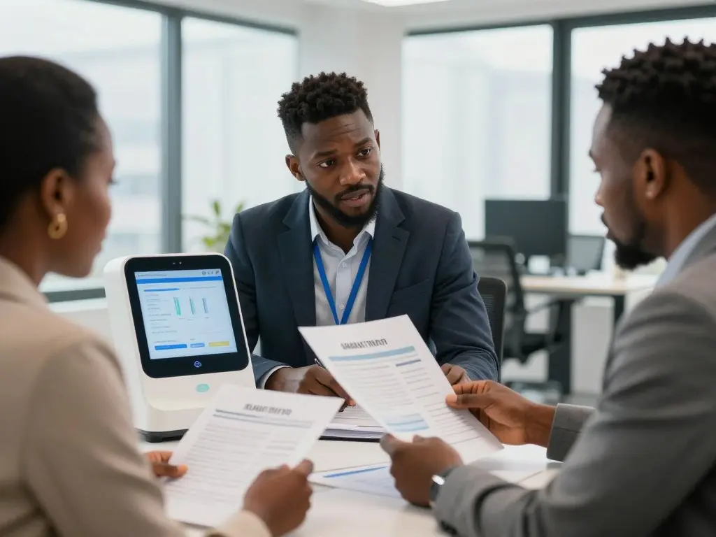 Nigerian entrepreneur reviewing quantum health analyzer business opportunity documents Nigerian entrepreneur reviewing quantum health analyzer business opportunity documents
