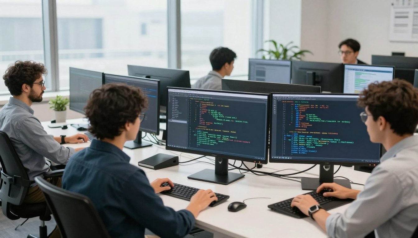 Software development team working on quantum device algorithms Software development team working on quantum device algorithms