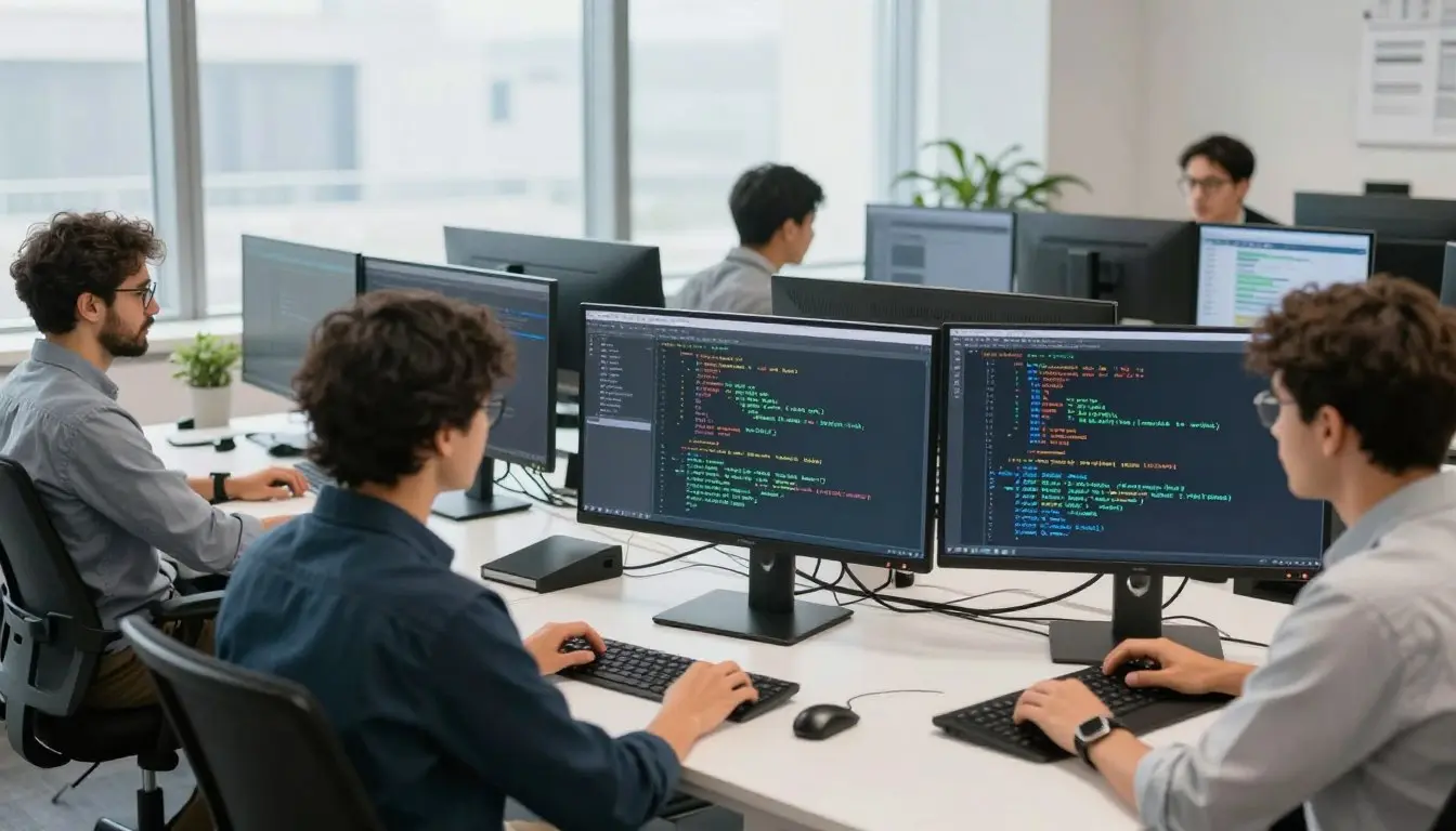 Software development team working on quantum device algorithms