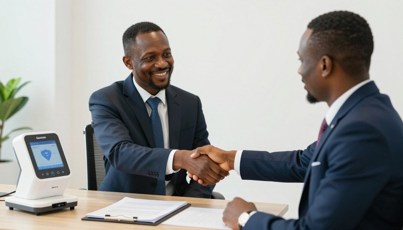 Successful Nigerian business partnership handshake for quantum health analyzer distribution Successful Nigerian business partnership handshake for quantum health analyzer distribution