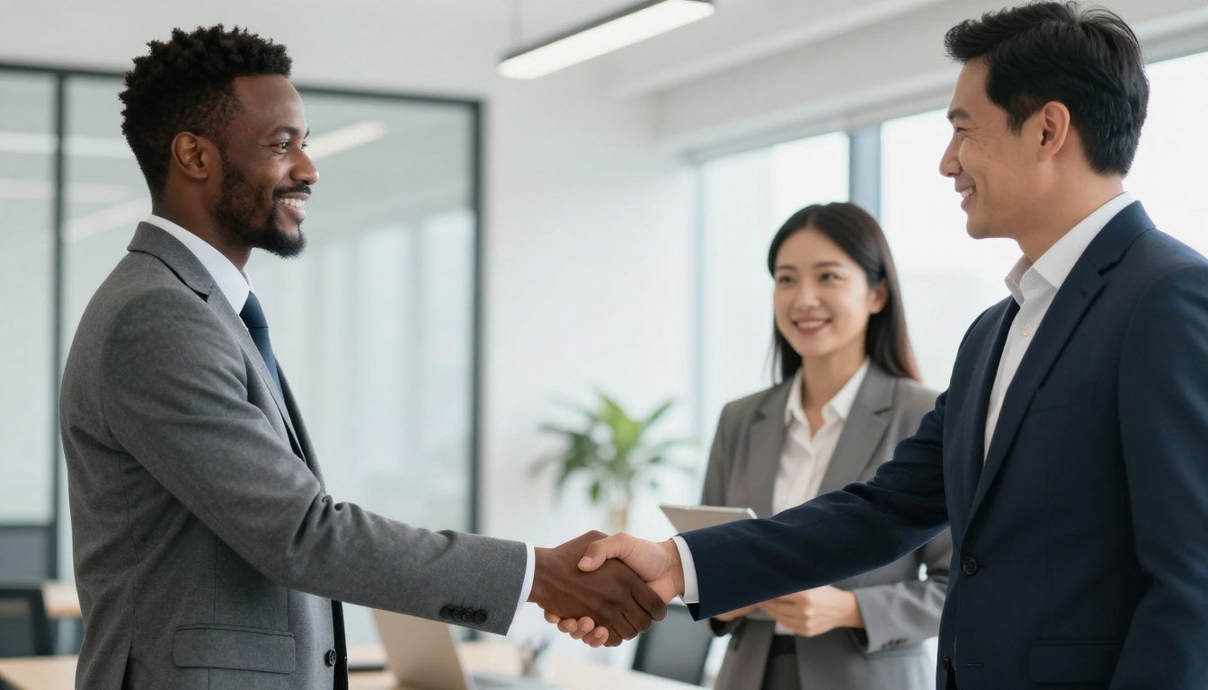 Business handshake representing distributor partnership