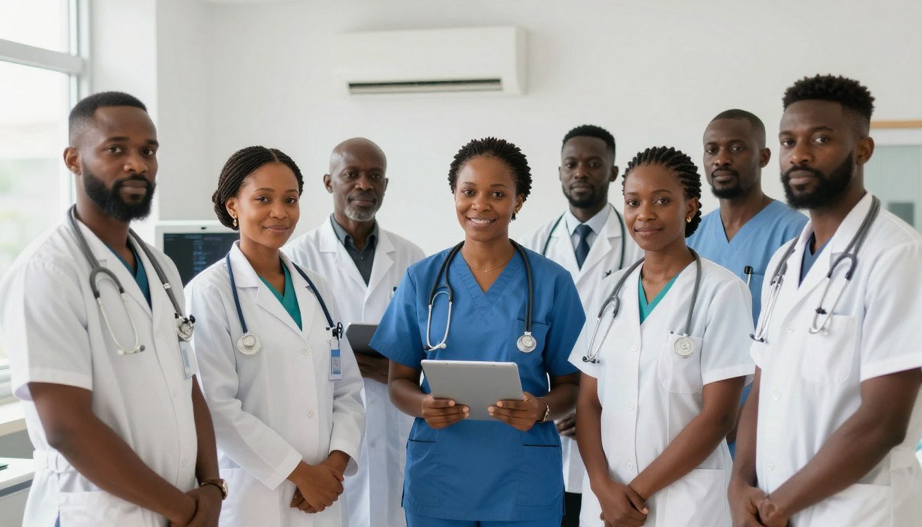 Diverse group of Nigerian healthcare professionals collaborating in modern wellness center