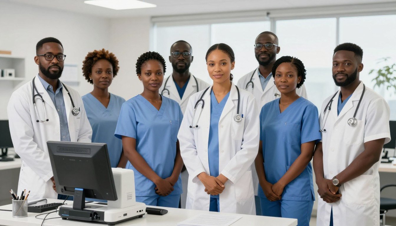 Diverse group of Nigerian healthcare professionals with quantum analyzer