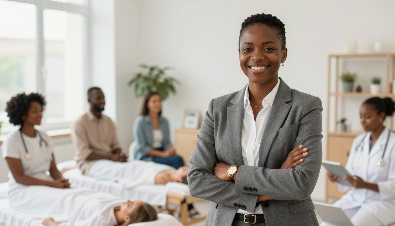 Happy Nigerian business owner in modern wellness clinic with satisfied clients