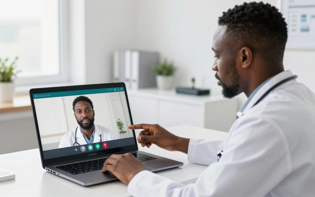 Healthcare worker demonstrating quantum analyzer to patient via video call