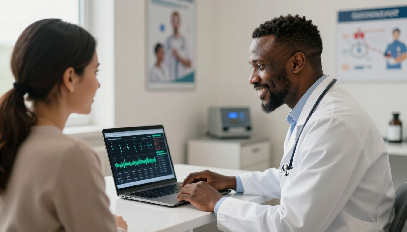 Nigerian doctor reviewing quantum analyzer results with patient