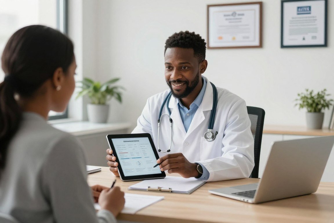 Nigerian doctor reviewing quantum analyzer results with patient