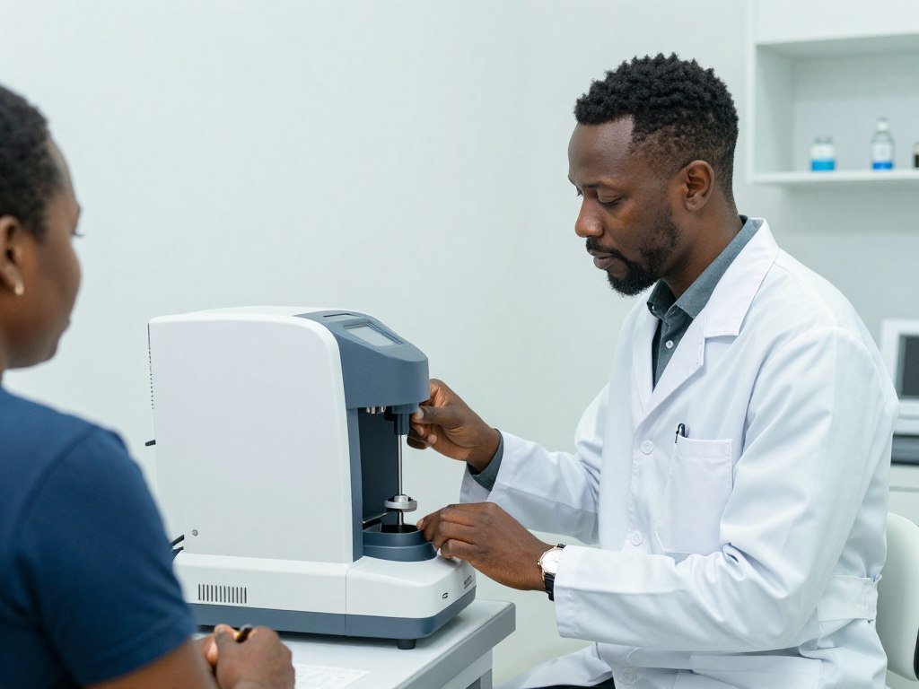 Nigerian doctor using quantum analyzer in clinic