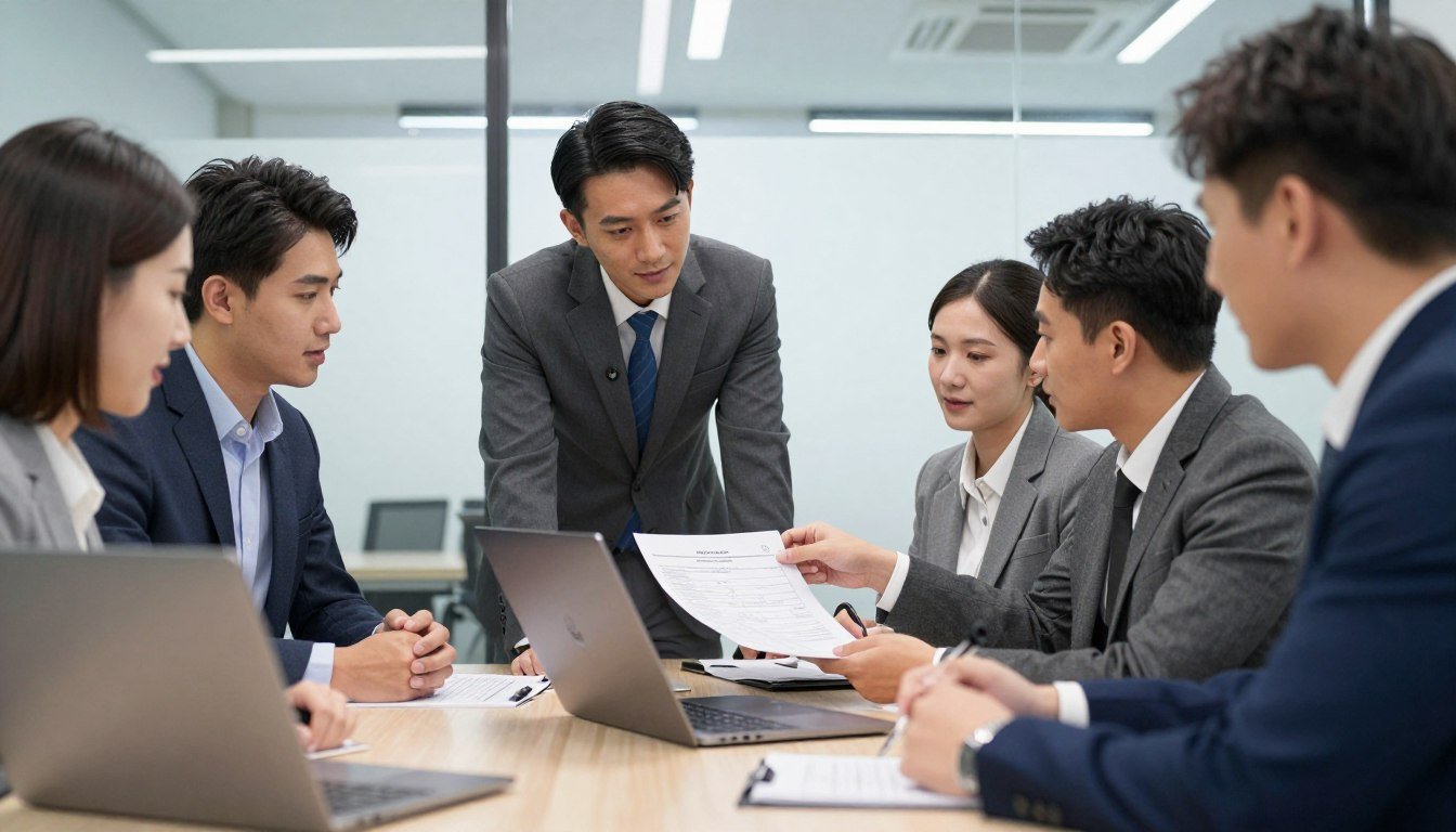 Professional business people reviewing distributor application